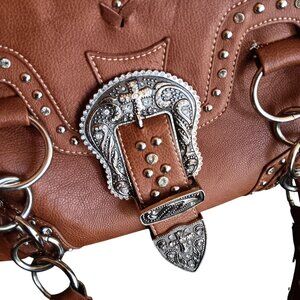 Montana West Western Style Brown Faux Leather Handbag Studded Cross Buckle